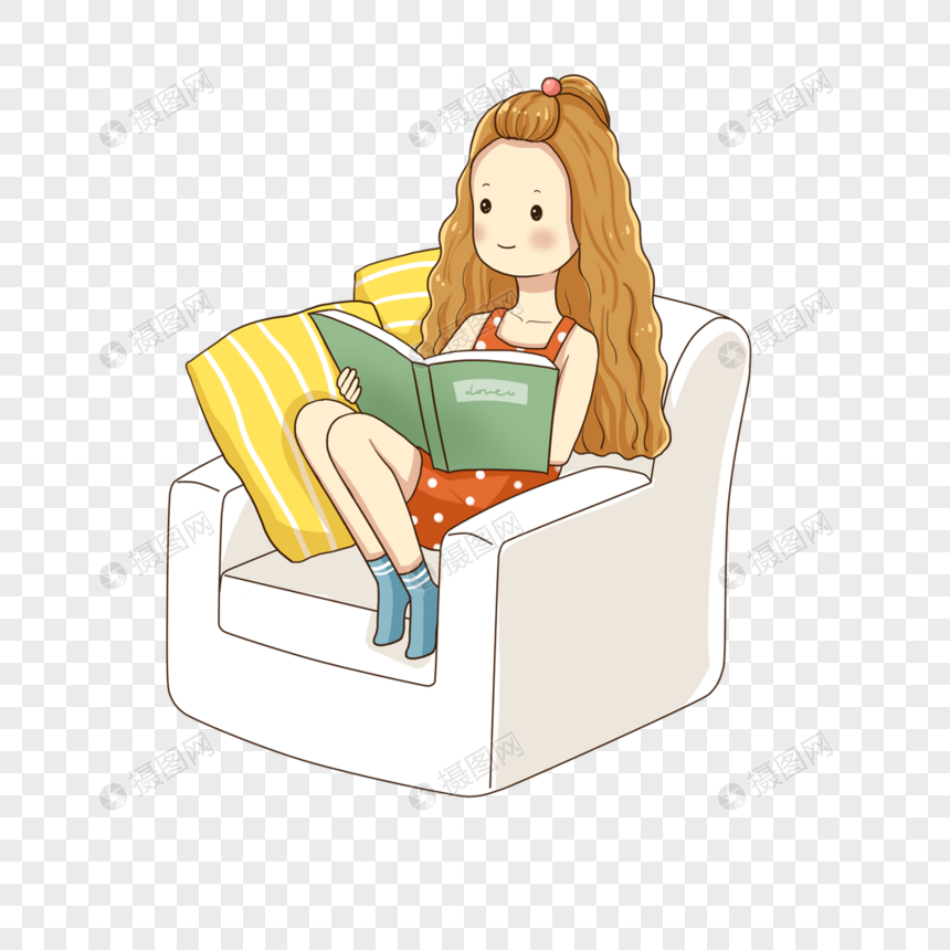 坐在沙发上读书的女孩图片
