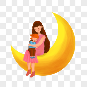 坐在月亮上抱着孩子的母亲高清图片