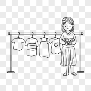 小女孩洗衣服晾衣服线稿图片