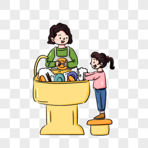 妈妈和女儿一起洗碗场景高清图片