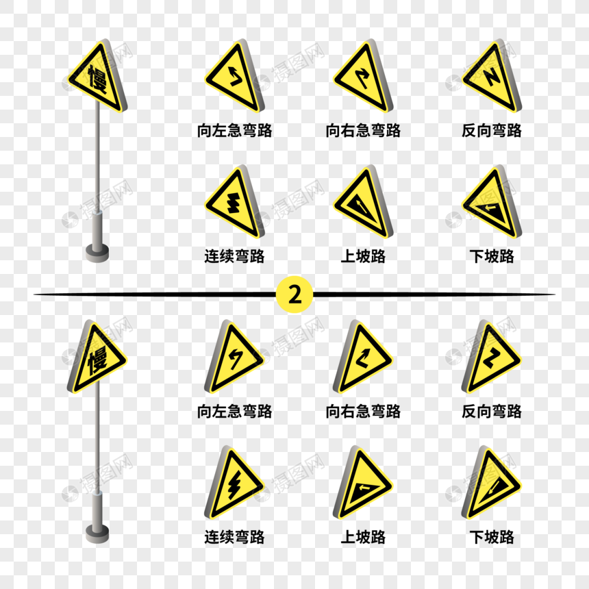 彩色卡通25D交通安全矢量标志元素图片