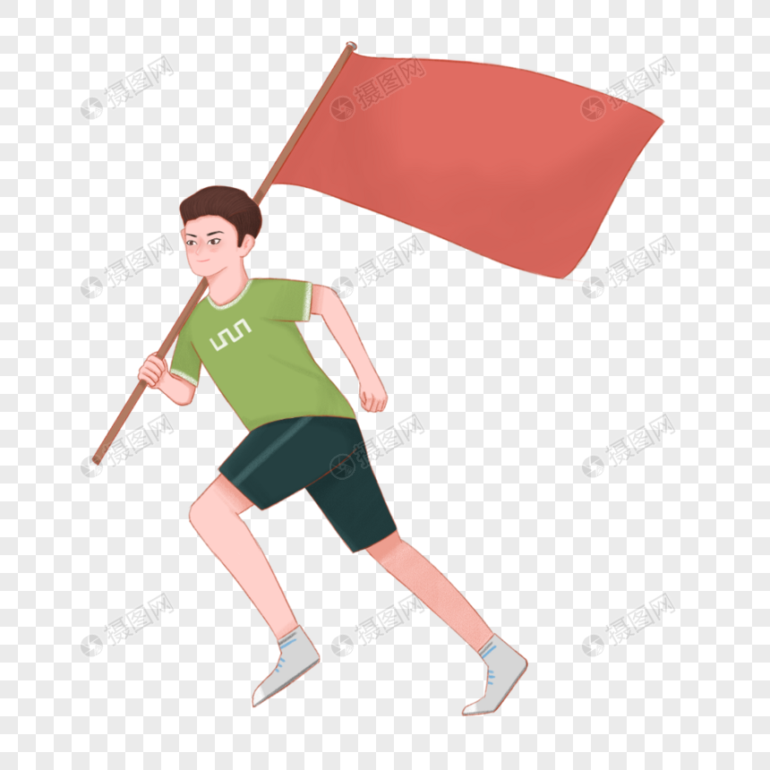 扛着红旗的男孩