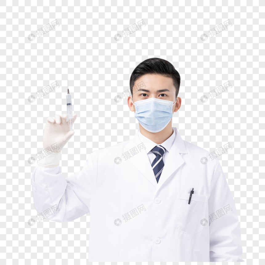 手拿针筒佩戴口罩的医生