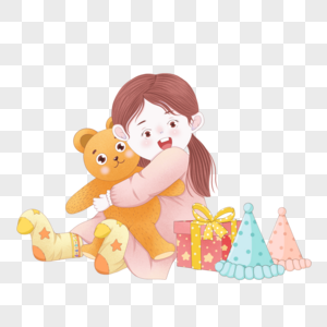 女孩抱着玩具熊收到礼物图片