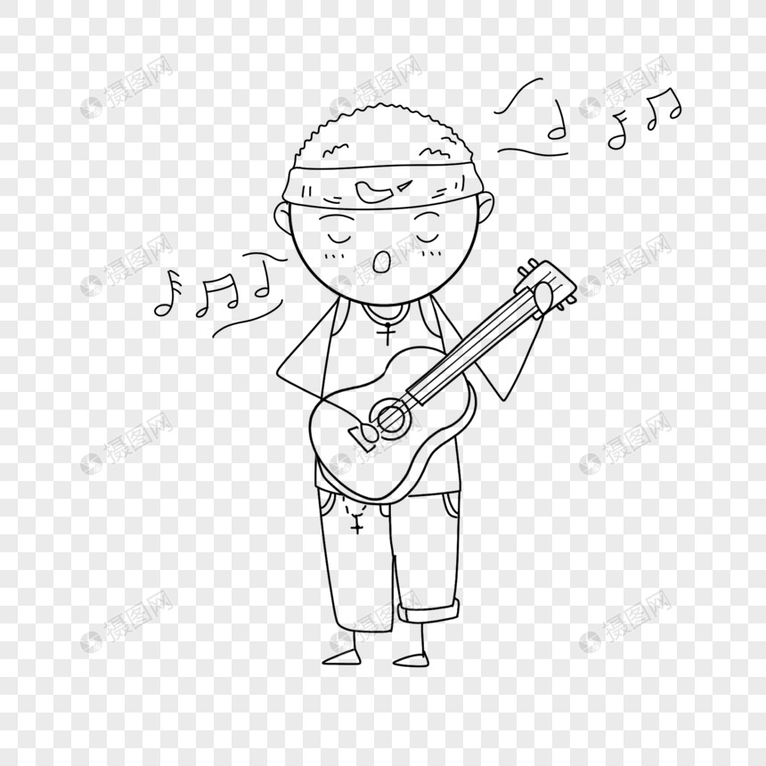 弹吉他唱歌的男孩简笔画