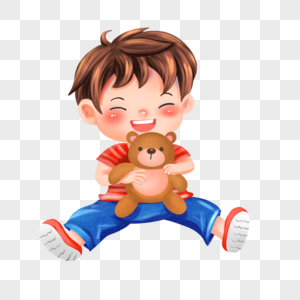 抱着玩具熊的快乐的男孩高清图片