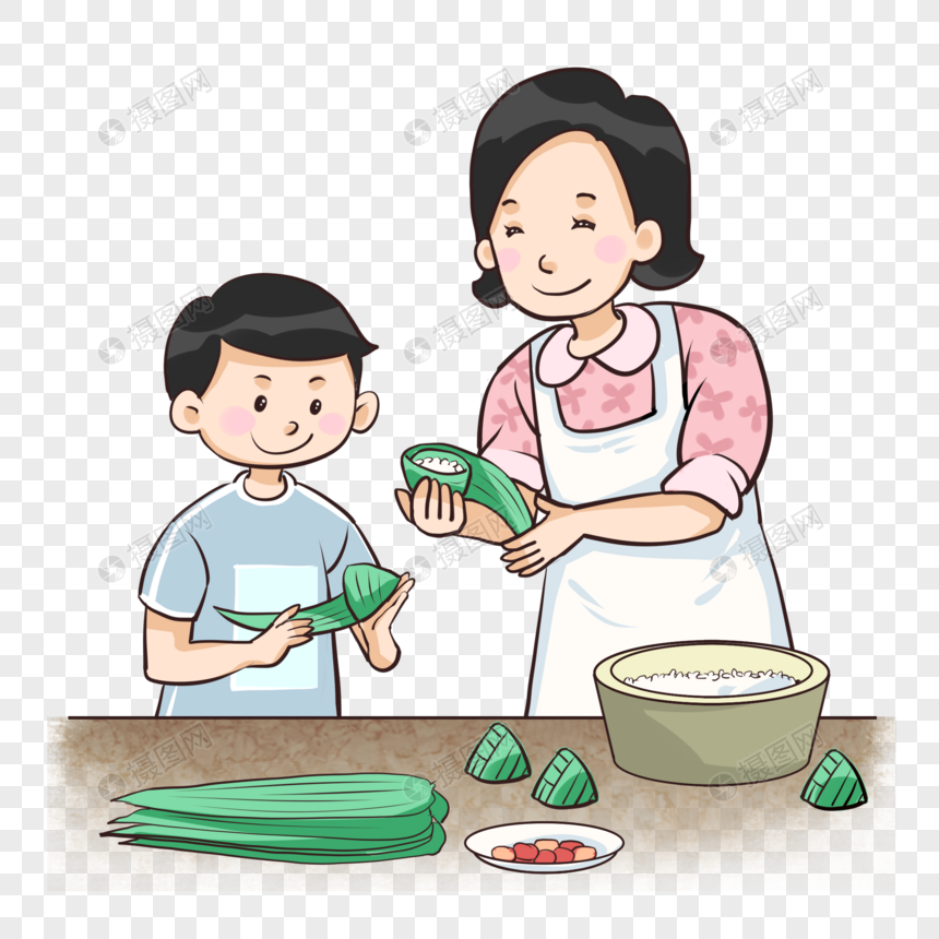 母子端午包粽子