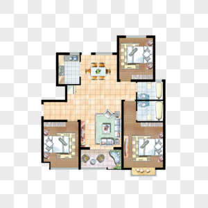 三室二厅彩色平面户型图高清图片