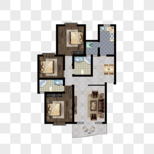 三室二厅彩色家居户型图图片
