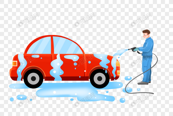 洗车工人正在用水枪清洗汽车图片