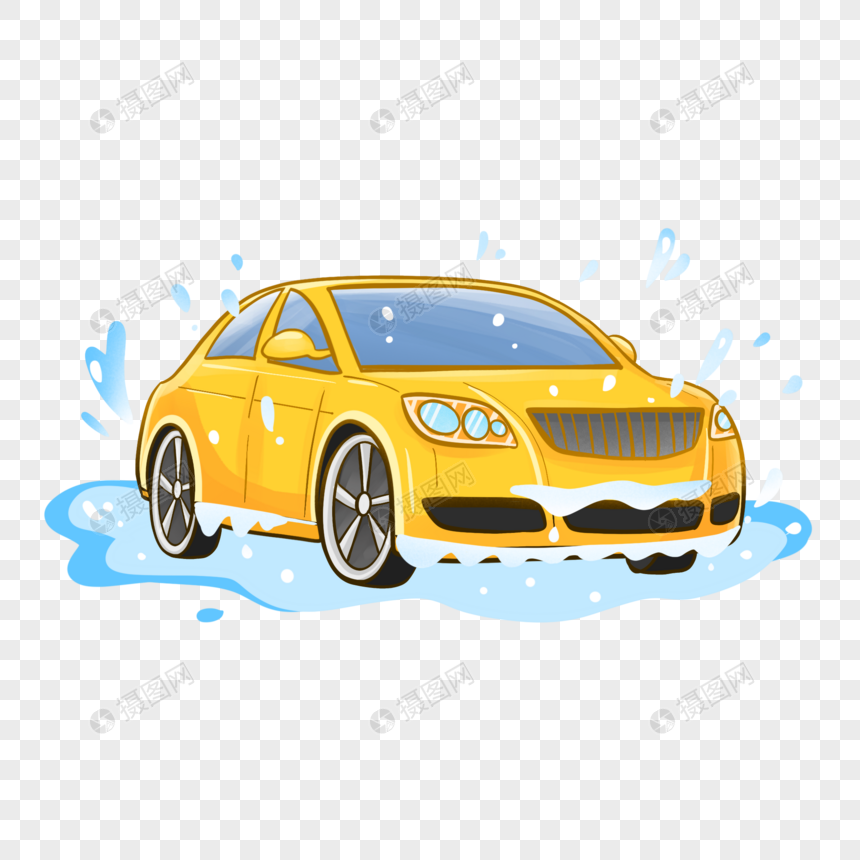 清洗中的充满动感水花的黄色汽车图片