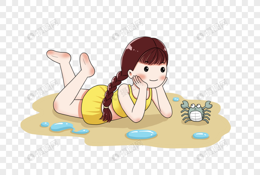 沙滩上看螃蟹的女孩图片