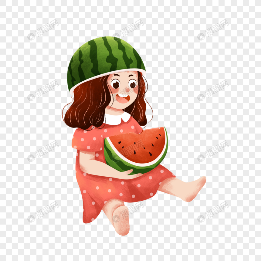 坐着吃西瓜的女孩