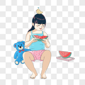 坐着吃瓜的女孩夏天高清图片素材