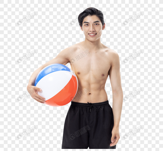 年夏日男性泳装拿着沙滩排球图片