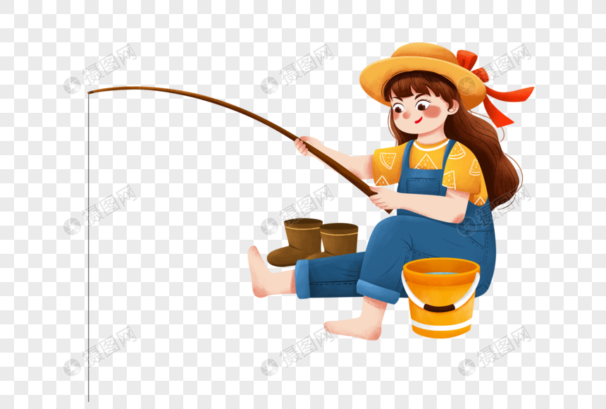 坐着钓鱼的女孩图片