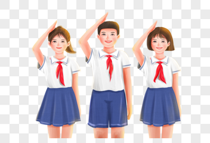 在国旗后敬礼的少先队员