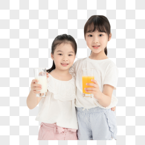 小女孩手拿牛奶与橙汁图片