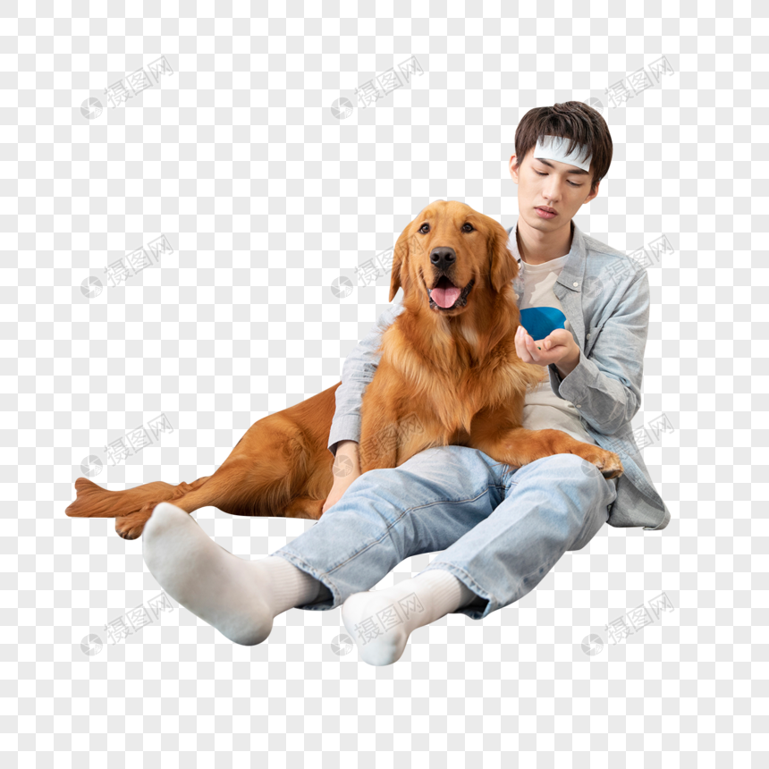 生病的男孩与陪伴的金毛犬图片