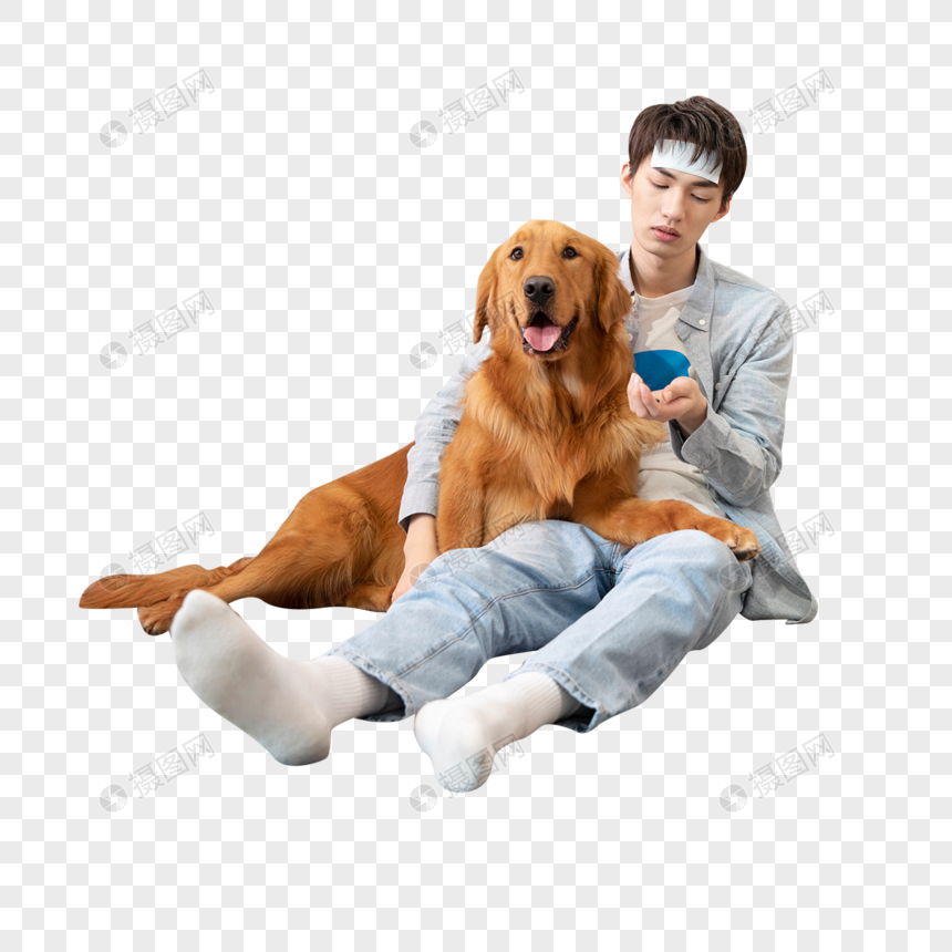 生病的男孩与陪伴的金毛犬图片