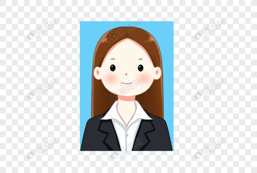 免抠元素 手绘/卡通元素 中分长发女孩蓝底证件照.