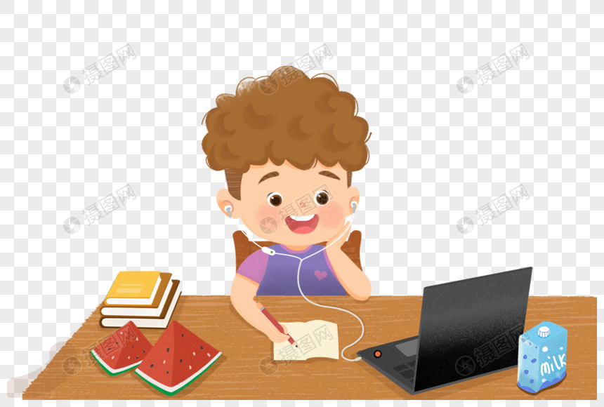 在家上网课的小男孩