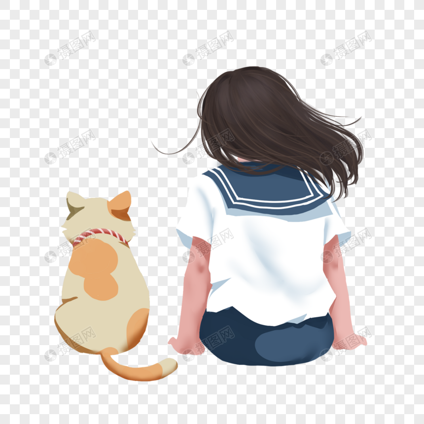 小猫和女生的背影图片