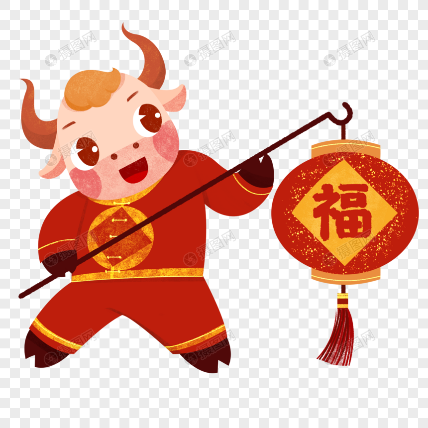 新年手拿红灯笼的牛