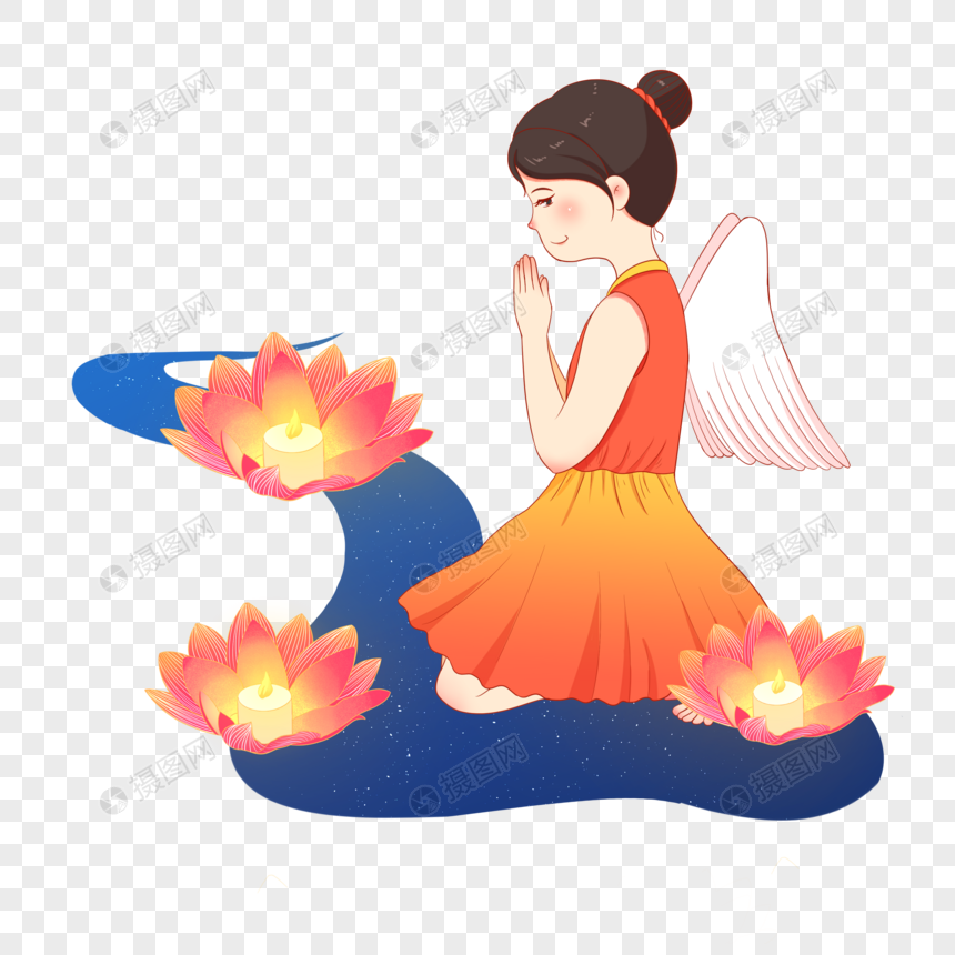 免抠元素 手绘/卡通元素 放河灯的女孩.psd