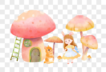 小女孩和兔子采蘑菇图片