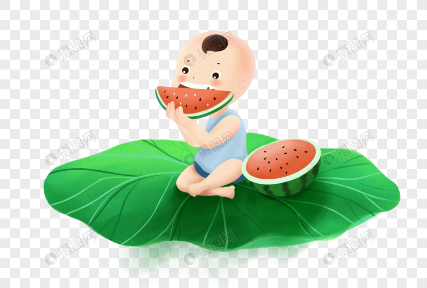 坐在荷叶上吃瓜的小孩图片