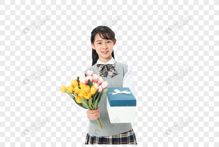 初中生女生拿着鲜花和礼物盒