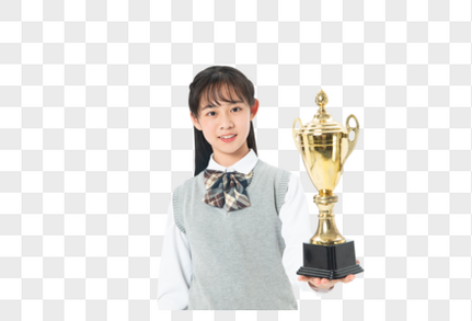 初中生女生拿着奖杯中国人高清图片素材