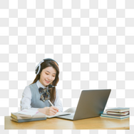 戴耳机的女学生上网课在线教育美女高清图片素材