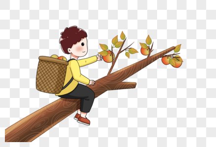 坐在树上摘苹果的小孩图片