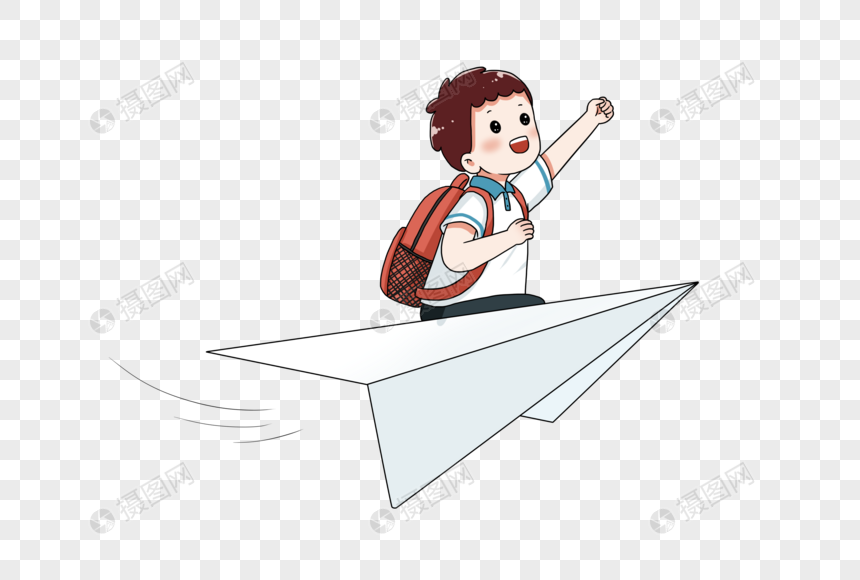 背着书包坐在纸飞机上的男孩图片