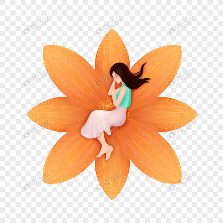 女孩躺在花朵上图片