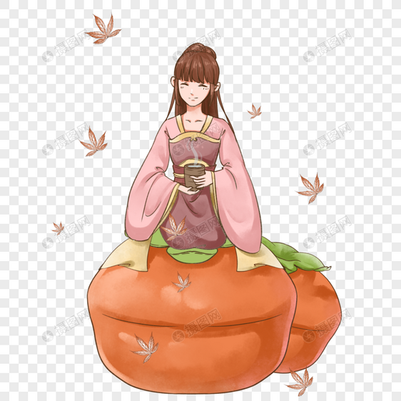 古风女孩坐在柿子上喝茶图片