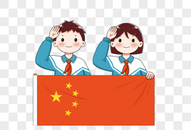 在国旗后敬礼的少先队员图片