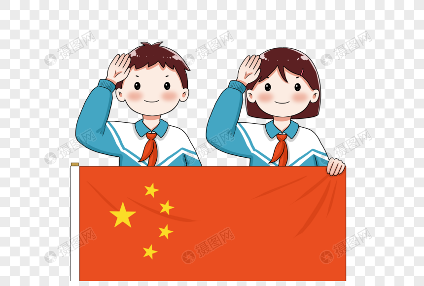 在国旗后敬礼的少先队员图片