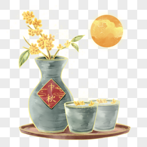 月下喝桂花茶高清图片