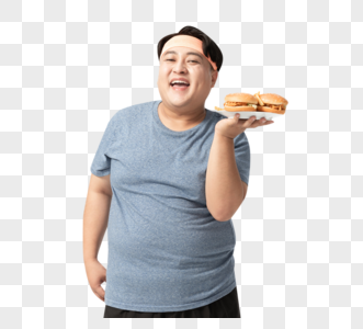 肥胖男士手拿汉堡图片