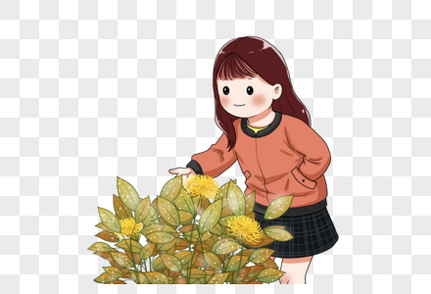 女孩观赏落霜的菊花卡通人物高清图片素材