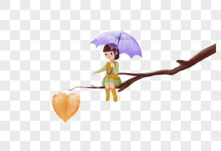 女孩撑着伞坐在树枝上图片