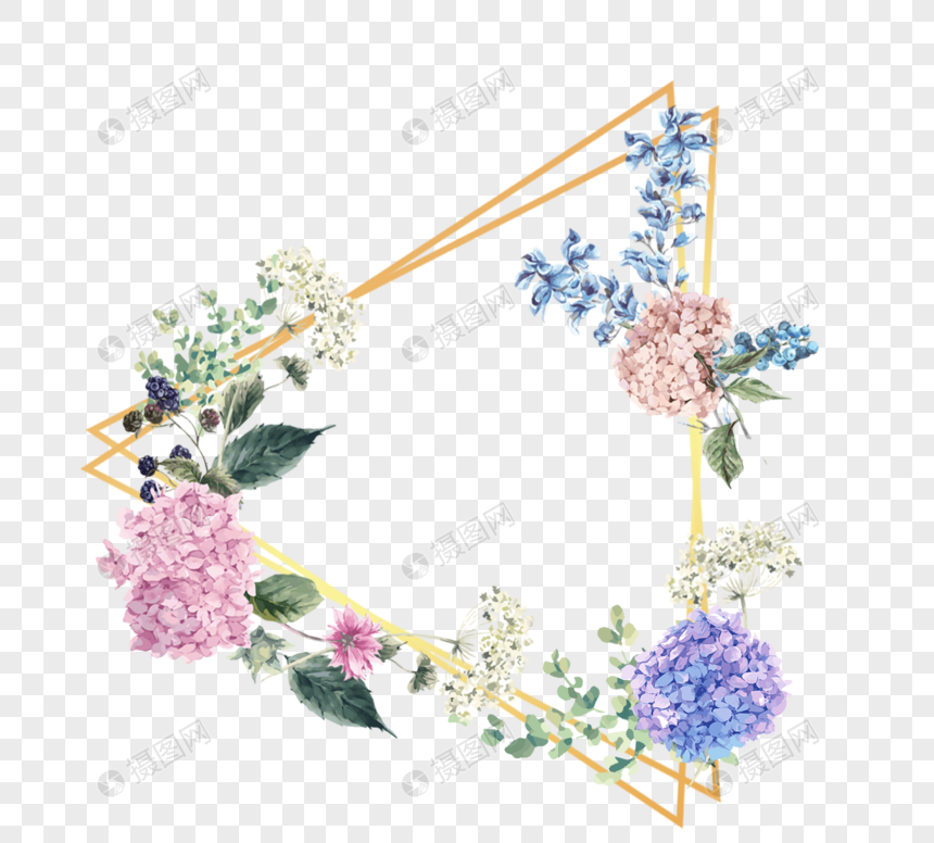 金色几何边框和彩色水彩花卉元素图片
