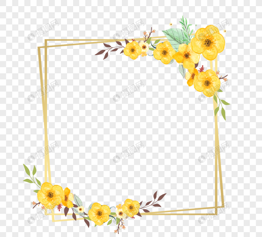 金色几何边框和水彩花卉元素图片