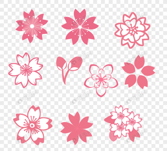 具有多个方向和形状粉红色手绘樱花元素图片