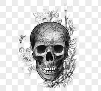 黑白手绘花卉骷髅头元素高清图片