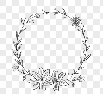 黑色手绘线侧婚礼装饰与封闭圆形百合花卉植物边框图片