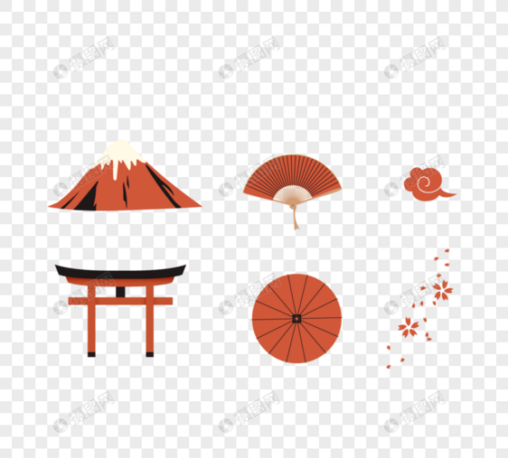 日本樱花盛开富士山折扇鸟住宅简单传统棕色元素图片